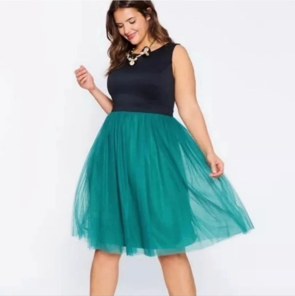 Eloquii black/jade green tulle knee length dress size 18 - Picture 1 of 5